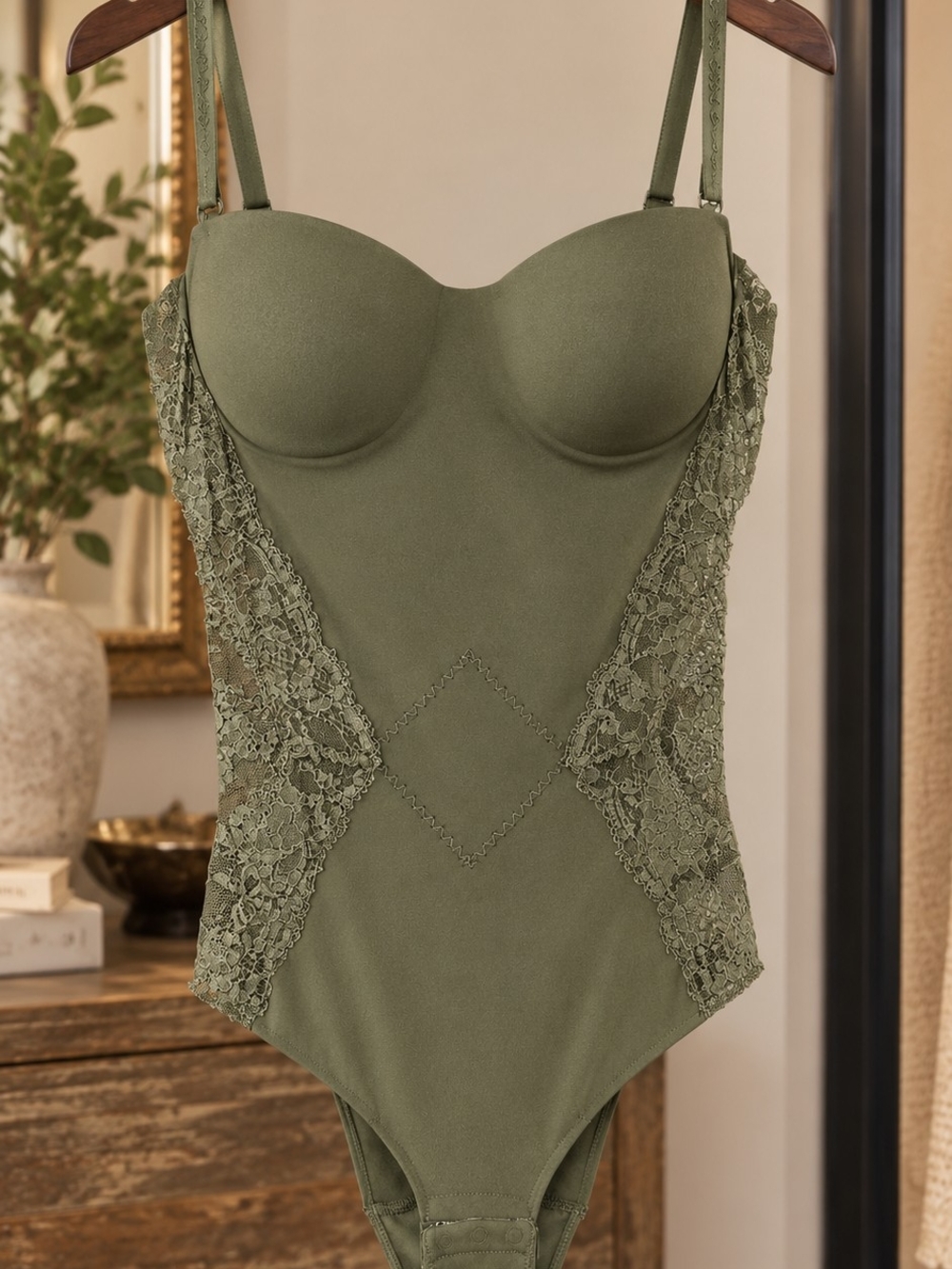 La Perla Olive Lace-Trim Bodysuit